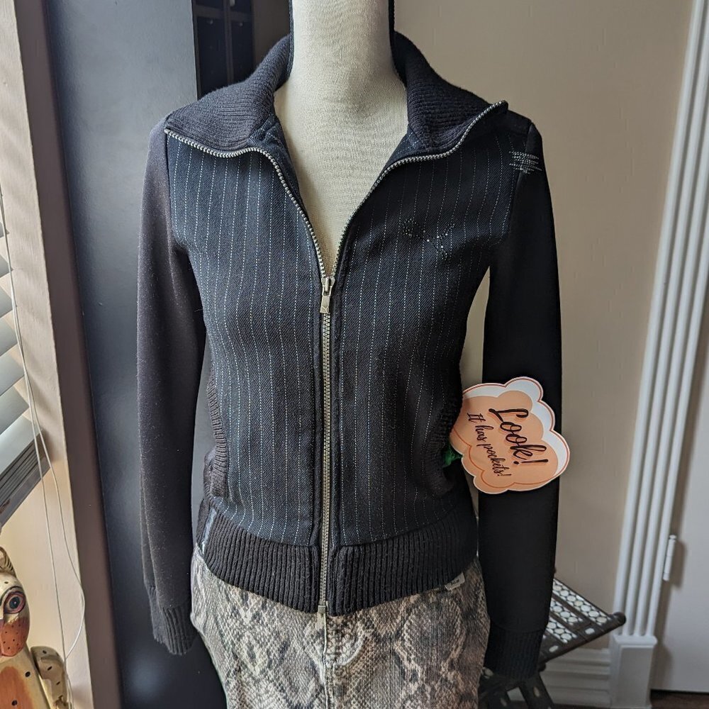 Puma XS black rhinestone zip up women's track jacket with white pinstripes